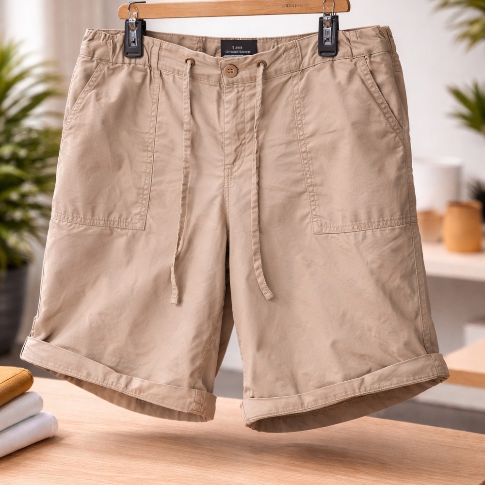 #182 Basic Editions Men’s Beige Cargo Shorts Drawstring Waist Size Large Casual